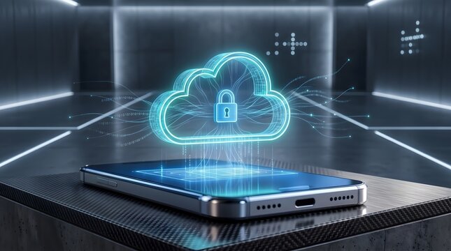 Glowing cloud computing hologram with security padlock projecting from mobile phone