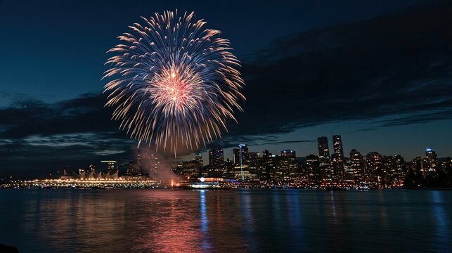 Colorful fireworks exploding over a modern city skyline at night with water reflections