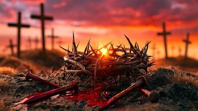 A crown made of sharp thorns and large metal spikes with dark red liquid on the ground sitting on a hill with wooden crosses silhouetted against a warm sunset sky landscape at dusk in an outdoor