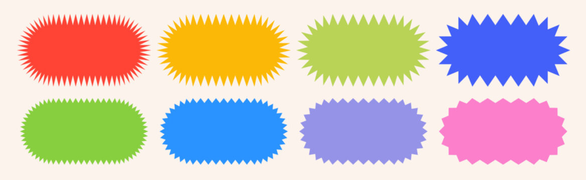 Colorful zigzag edge rounded button badge collection. Jagged sticker or stamp set with wavy edges.