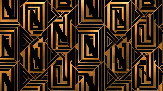 Geometric Art Deco Pattern with Gold Lines on Black Background Seamless Texture