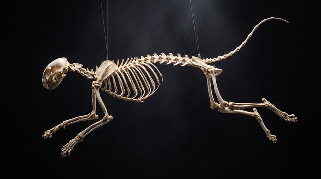 Cat skeleton leaping in profile view against black background