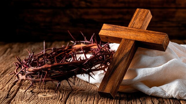 A handcrafted wooden cross resting beside a crown of sharp thorns and draped white linen fabric on a weathered dark timber surface representing themes of sacrifice faith and solemn reflection