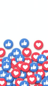 A collection of blue thumb up buttons and red heart icons representing digital community engagement and social media feedback interaction spread across the lower portion of the visual