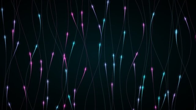 Abstract animation of glowing particles moving upwards along thin lines on a dark background
