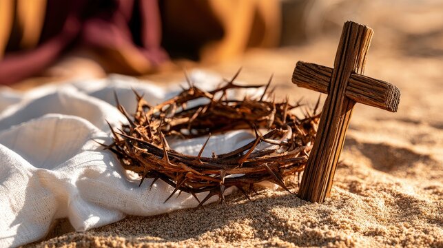 A small wooden cross and a crown of thorns resting on a white cloth placed on sandy ground outdoors under natural lighting