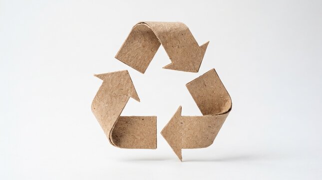 Recycling symbol made of textured brown kraft paper isolated on a clean white studio background