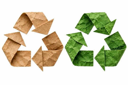 Brown kraft paper and green crumpled recycling symbols with folded arrows isolated on white for sustainable packaging, waste reduction, reuse, environmental conservation, circular economy