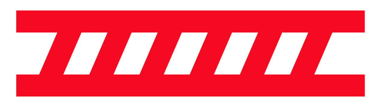 A minimalist red graphic design featuring a series of diagonal parallel stripes connecting two horizontal lines, isolated on a white background.