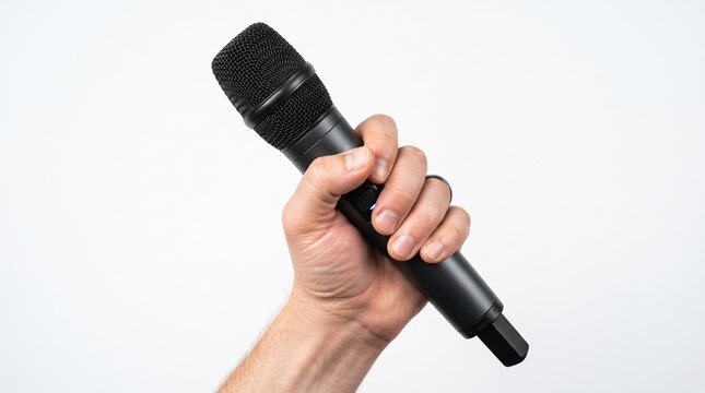Hand holding a black wireless microphone for public speaking and professional audio performance