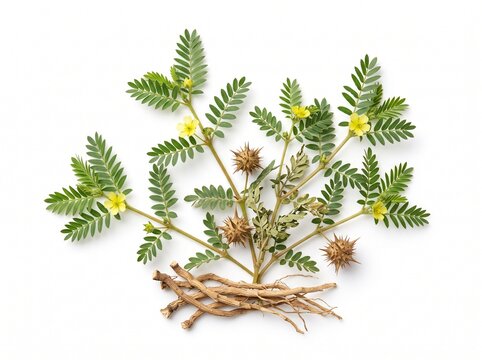 Gokshura Tribulus Terrestris Ayurvedic Medicine Herb with Leaves Flowers and Spiny Fruit Isolated on White Background