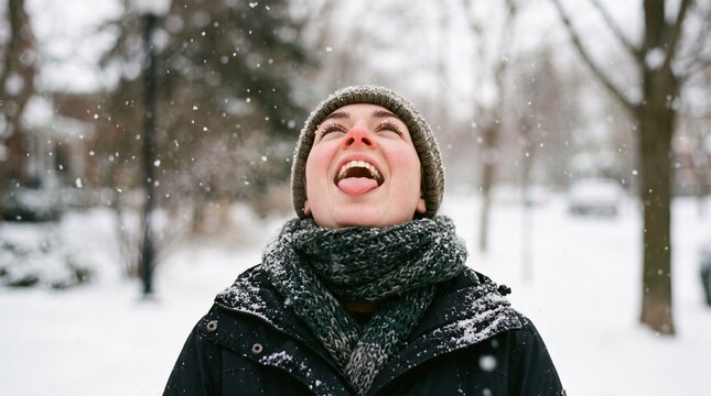 Mouth open young woman catching falling snowflakes in winter park