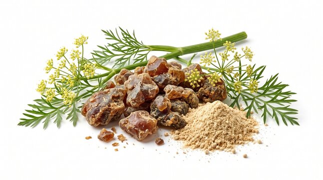 Hing Asafoetida Resin and Powder with Botanical Plant Elements, Ayurvedic Medicine Ingredient Isolated on White Background