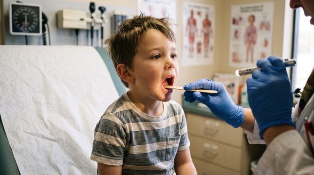 Mouth open boy undergoing throat examination by pediatrician