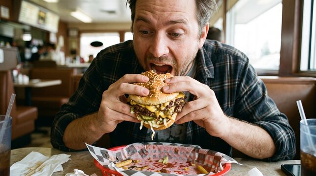 Mouth open hungry man eating a large double cheeseburger in a diner