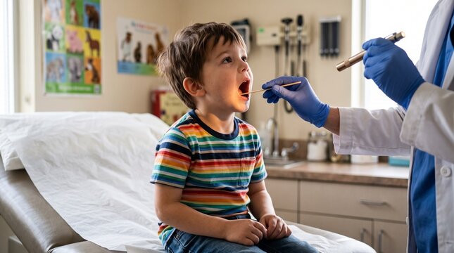 Mouth open boy during throat examination with pediatrician at clinic