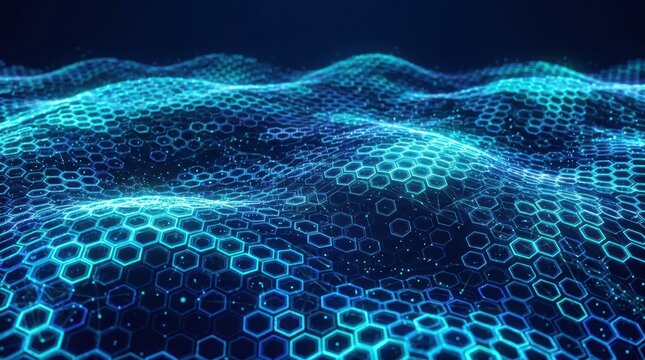 Glowing hexagonal grid wave pattern representing digital security network technology concept