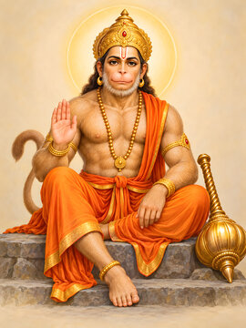 Jai Hanuman Painting, Hindu God Hanuman holding his weapon