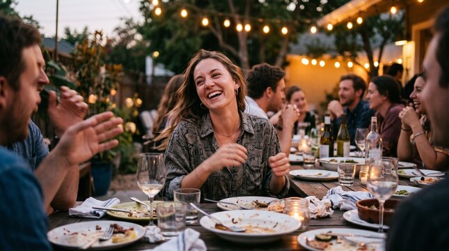 Mouth open woman laughing with friends at an outdoor dinner party