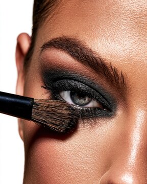 Close up shot of a human eye with dark smokey makeup being applied to the lower eyelid with a cosmetic brush against a plain white background for professional beauty and skincare tutorial concepts
