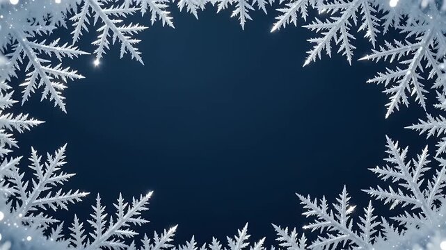 Winter Frost Border with Growing Ice Crystals on Midnight Blue Background