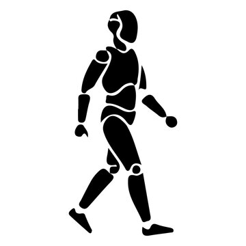 Black humanoid robot silhouette walking vector icon representing future automation.