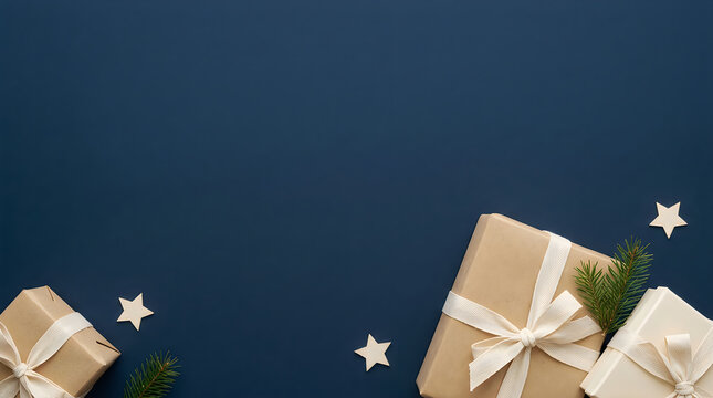 Wrapped gifts and paper stars rest on a dark blue background