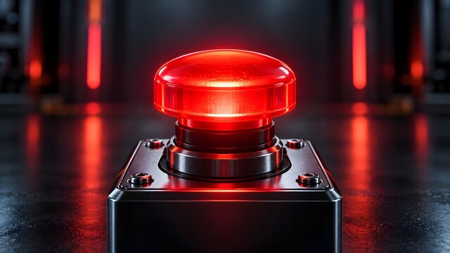 Glowing Red Emergency Panic Button on a Metallic Control Console in a Dark Industrial Environment, Concept of Critical Decision, Immediate System Shutdown, and Security Alarm Safety System.