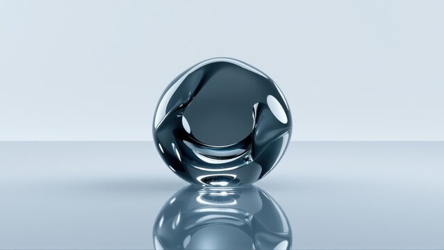 Shiny sphere rests upon reflective surface. Minimalist composition, cool tones, smooth texture, dramatic lighting creates elegant effect.