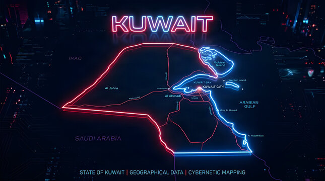 Neon map of kuwait with digital glowing border and circuit board lines on dark background country middle east city light geography territory