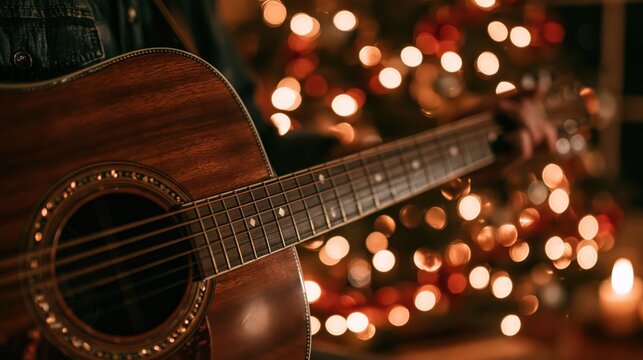 Acoustic guitar played near a blurred Christmas tree with warm bokeh lights and a candle creating a festive holiday atmosphere