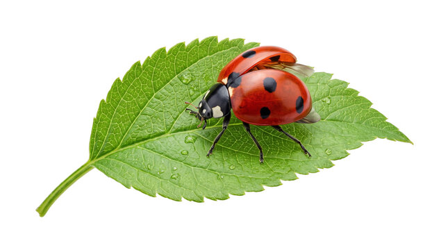 Vibrant red ladybug crawling on green leaf with dew, macro shot of ladybird beetle, garden insect on fresh foliage, nature wildlife photography isolated PNG with Transparent Background