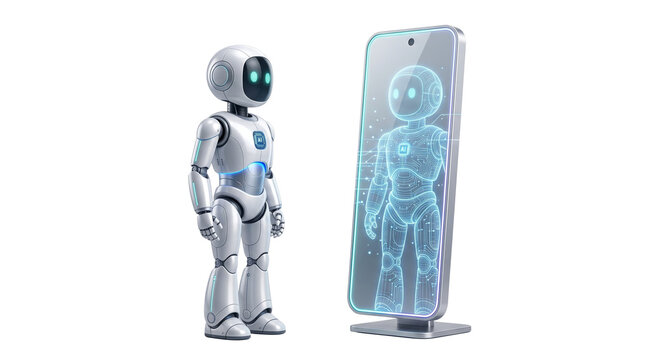Futuristic white humanoid robot looking at digital hologram reflection in smart screen, artificial intelligence android observing virtual self. isolated PNG with Transparent Background