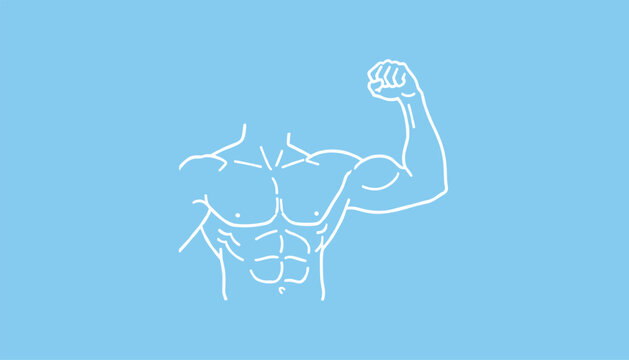 White line art drawing of a muscular male torso flexing his biceps over a solid light blue background representing fitness.