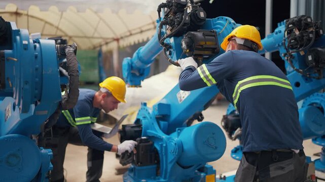 Workers in hard hats tend to blue robotic arms. They adjust, inspect, and maintain industrial machinery. Focused and precise. Ideal for manufacturing