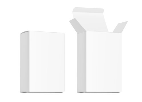 Realistic white open and closed paperboard box mockup with shadow. Illustration on transparent background ready for cover design, branding, presentation medicine, food, cosmetic products.