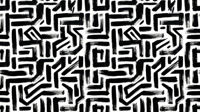 Seamless Abstract Black and White Hand Drawn Brush Stroke Pattern with Geometric Tribal Maze Design for Backgrounds