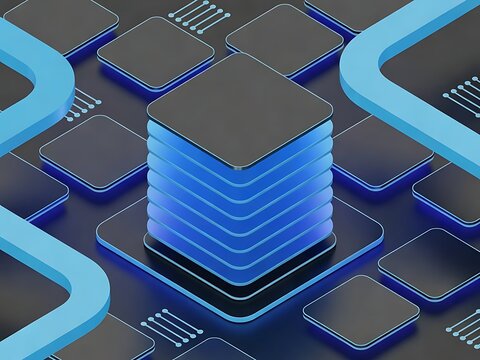 Glass panel stack on black background, 3D rendering for minimal tech concepts, fintech applications, corporate presentations, digital wallet and cloud computing software UI banner