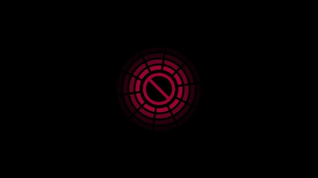 Digital animation of red stop sign and access denied with rotating HUD interface on black background for overlay