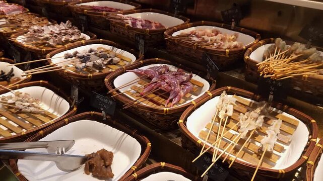 Wide view of colorful skewers and vegetables cooking in steaming broth at food stand, food industry, retail food, culinary tourism, street food culture, restaurant management.