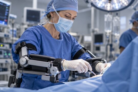 A surgeon rests her forearms in an articulated exoskeleton while working above an operating table. Ergonomic assistance reducing fatigue during lengthy medical procedures