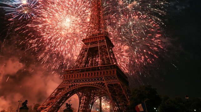 Eiffel Tower illuminated during a vibrant fireworks display in Paris at night