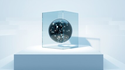 Fototapeta premium Glass cube contains dark sphere with bright stars inside. Minimalist presentation, clean background, modern aesthetic. Focus on celestial object.