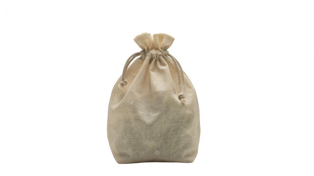 isolated burlap pouch bag with drawstring closure against transparent background.