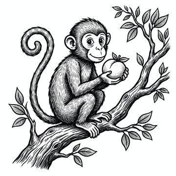 Cute monkey sitting on a tree branch holding a fresh peach hand drawn black and white vector illustration for coloring page