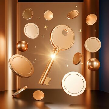 Golden key glowing at center surrounded by floating gold coins and sparkling stars in warm bronze studio setting with dramatic lighting