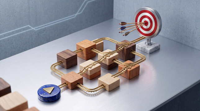 Conceptual 3D rendering of a strategic golden track system connecting wooden blocks from a start button to a bullseye target, representing business workflow automation and goal achievement.