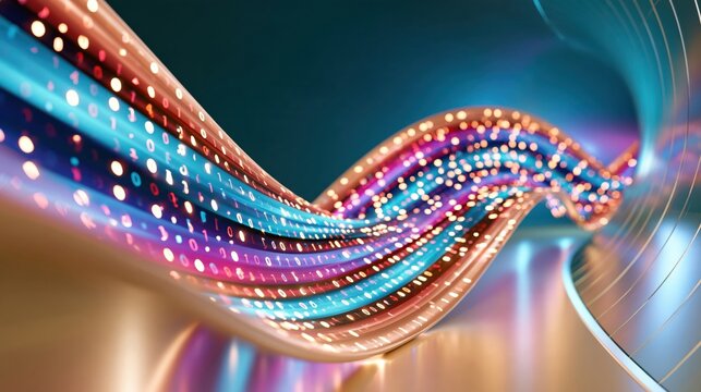 Flowing ribbon of glowing binary code in vibrant blue, pink and gold with abstract digital motion and bokeh light effects