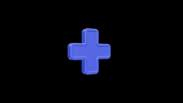 Rotating glossy 3D blue plus symbol on black background