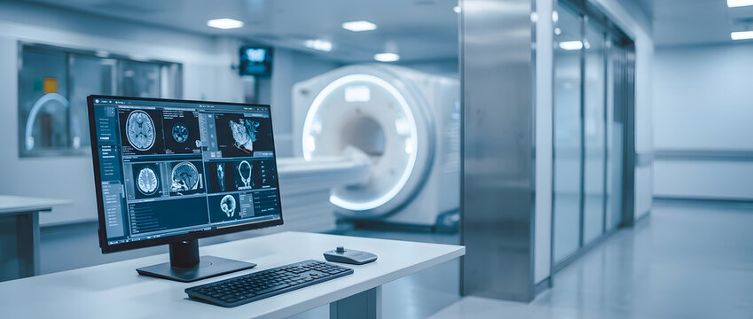 Modern medical diagnostic room featuring high-tech MRI or CT scanner machine and professional computer monitor displaying detailed brain scan results in a clean clinical environment.